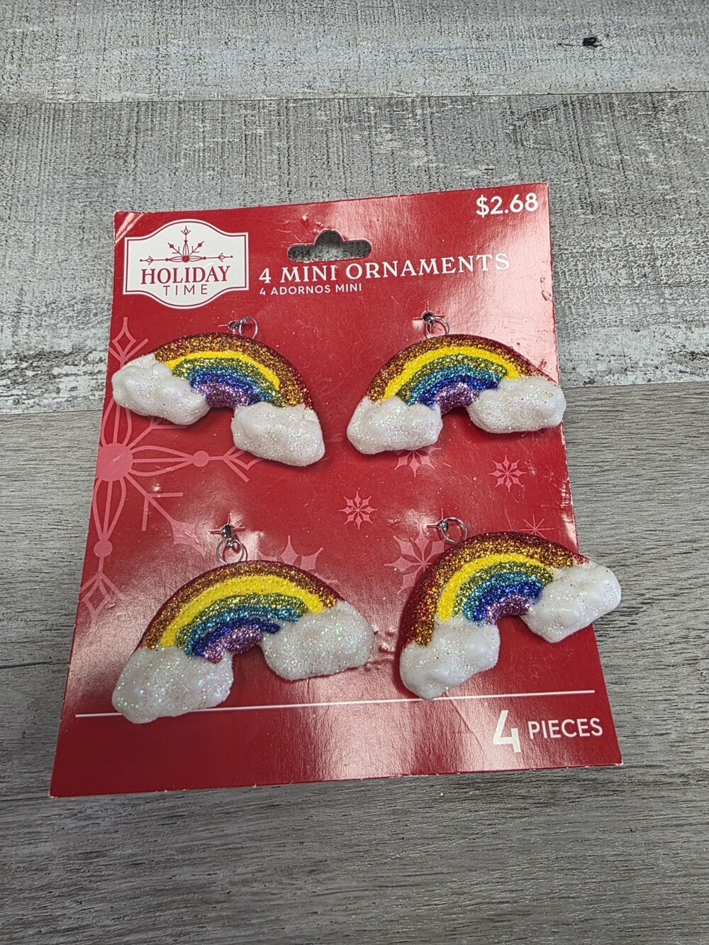 Holiday Time Glitter Rainbow Cloud Mini Christmas Tree Ornaments, 4pc, 2" G37e